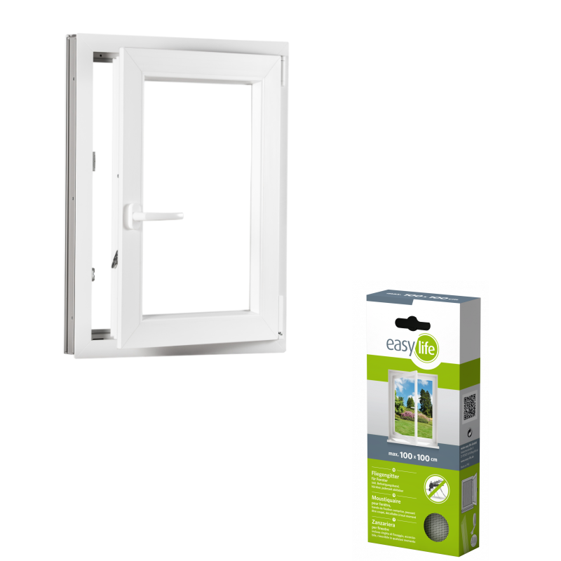Szett műanyag ablak 80x100, jobbra, nyitható és összecsukható, fehér + szúnyogháló