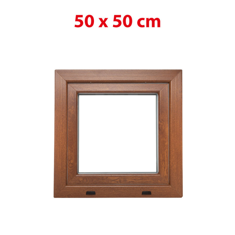 Aranytölgy/fehér bukó műanyag ablak 500 × 500 mm (50 × 50 cm) mellékhelyiségekhez Aplast 60