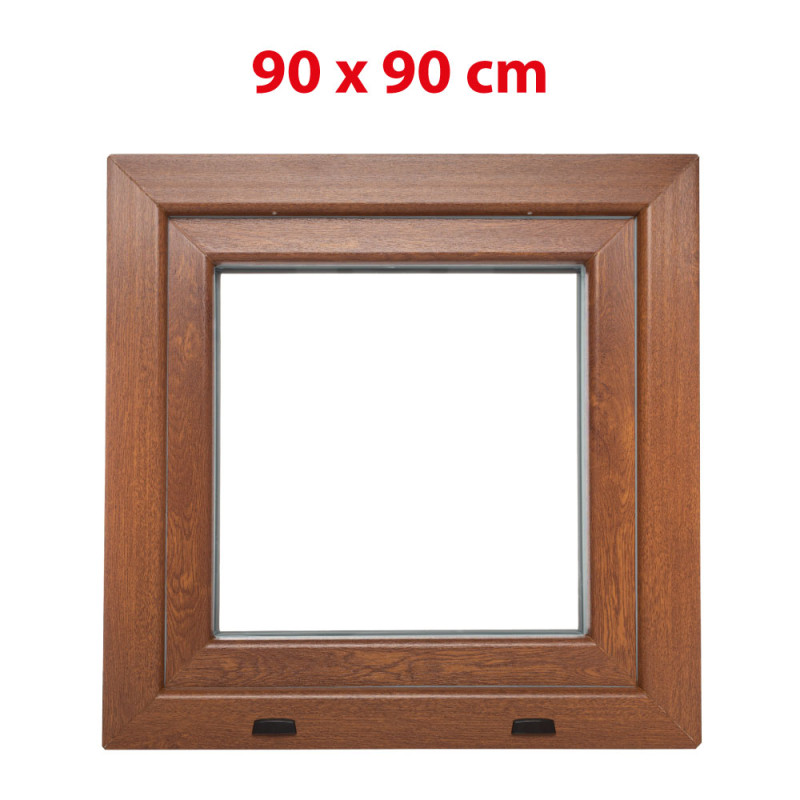 Aranytölgy/fehér bukó műanyag ablak 900 × 900 mm (90 × 90 cm) mellékhelyiségekhez Aplast 60